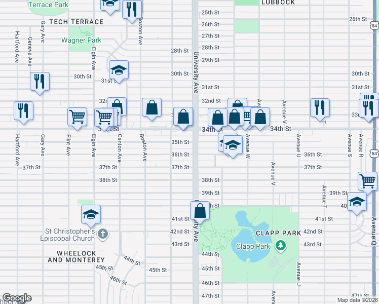 map of restaurants, bars, coffee shops, grocery stores, and more near 2504 37th Street in Lubbock