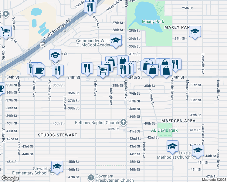 map of restaurants, bars, coffee shops, grocery stores, and more near 4422 36th Street in Lubbock