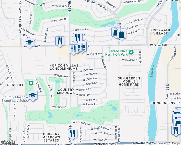 map of restaurants, bars, coffee shops, grocery stores, and more near 10448 West Diana Avenue in Peoria