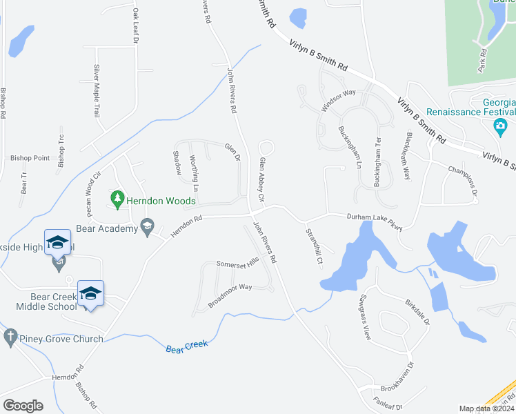 map of restaurants, bars, coffee shops, grocery stores, and more near 10 Glen Abbey Circle in Fairburn