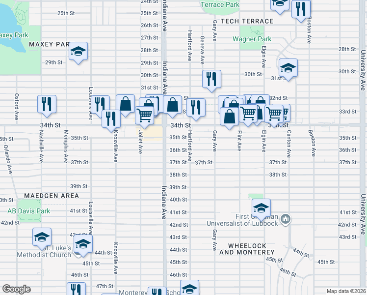 map of restaurants, bars, coffee shops, grocery stores, and more near 3304 37th Street in Lubbock
