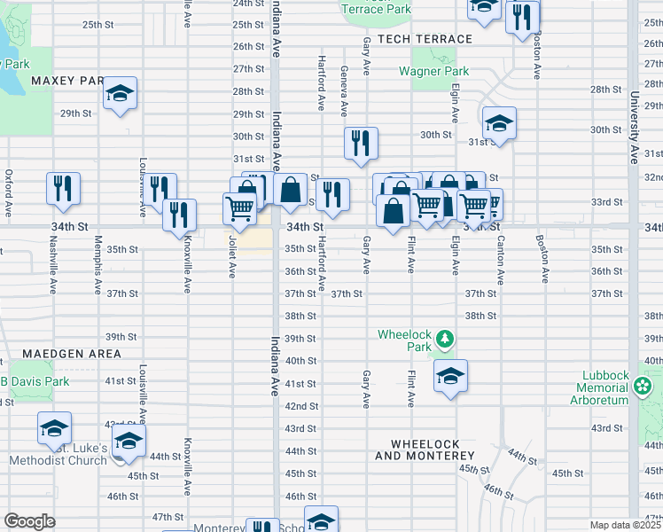 map of restaurants, bars, coffee shops, grocery stores, and more near 3210 37th Street in Lubbock