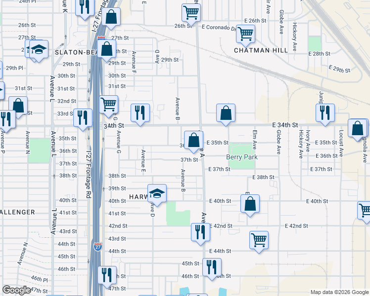map of restaurants, bars, coffee shops, grocery stores, and more near 306 East 37th Street in Lubbock