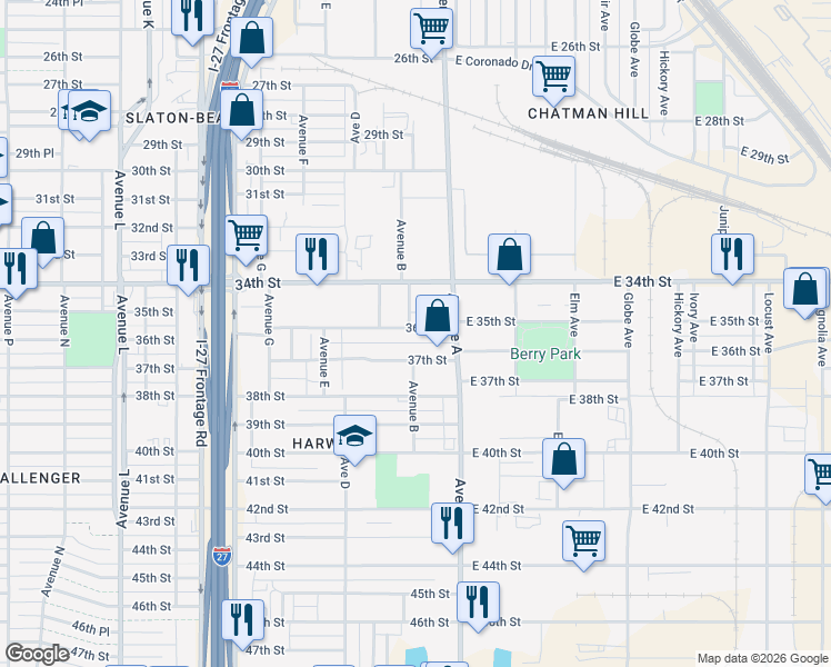 map of restaurants, bars, coffee shops, grocery stores, and more near 306 East 37th Street in Lubbock