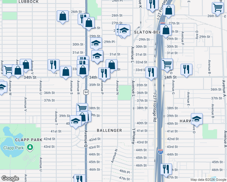 map of restaurants, bars, coffee shops, grocery stores, and more near 1506 37th St in Lubbock