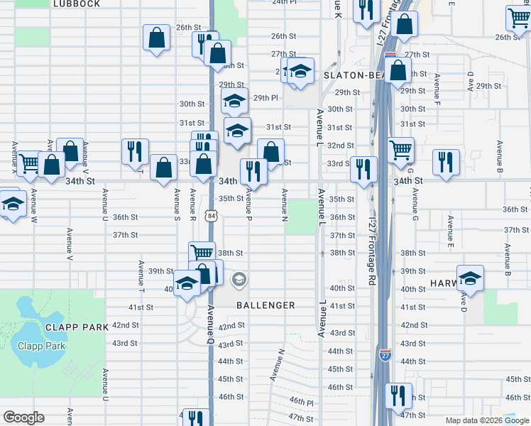 map of restaurants, bars, coffee shops, grocery stores, and more near 1506 37th St in Lubbock