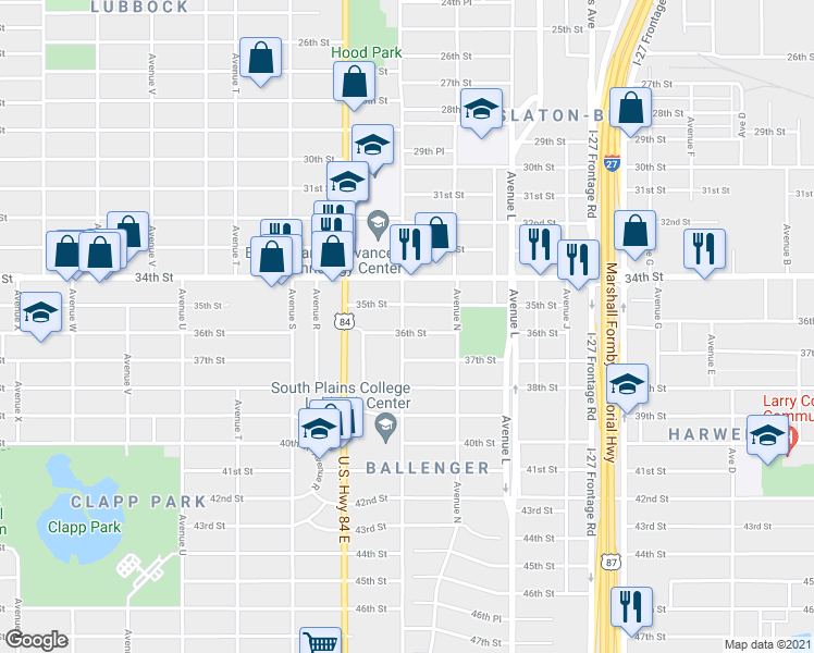 map of restaurants, bars, coffee shops, grocery stores, and more near 3608 Avenue P in Lubbock
