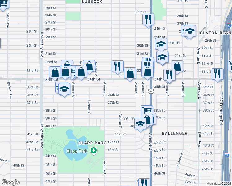 map of restaurants, bars, coffee shops, grocery stores, and more near 2010 37th Street in Lubbock