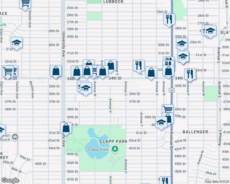 map of restaurants, bars, coffee shops, grocery stores, and more near 2115 36th Street in Lubbock