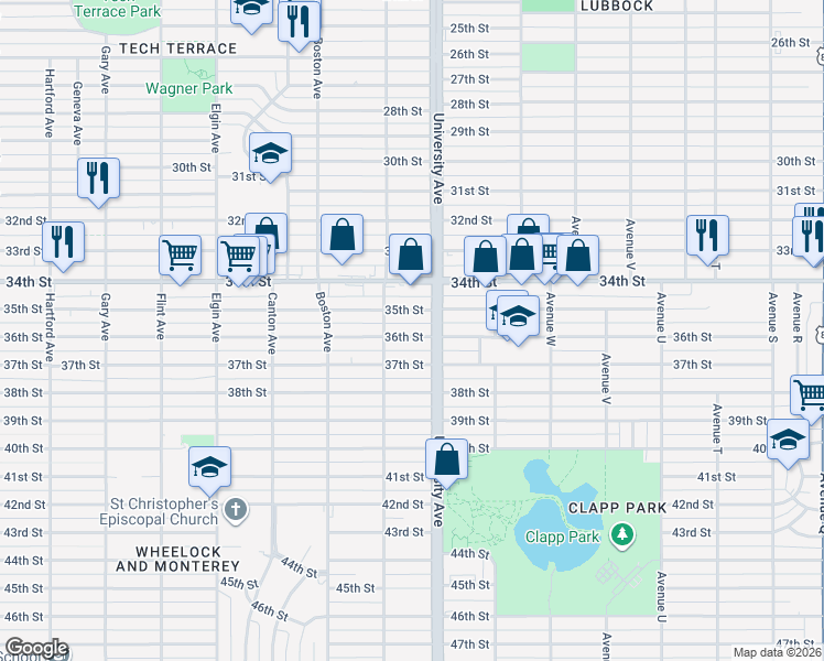 map of restaurants, bars, coffee shops, grocery stores, and more near 2504 37th Street in Lubbock
