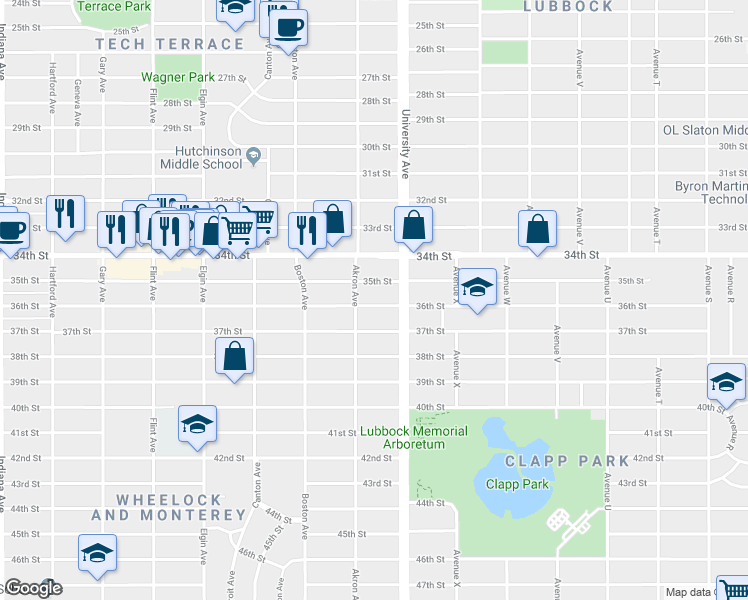map of restaurants, bars, coffee shops, grocery stores, and more near 2520 37th Street in Lubbock
