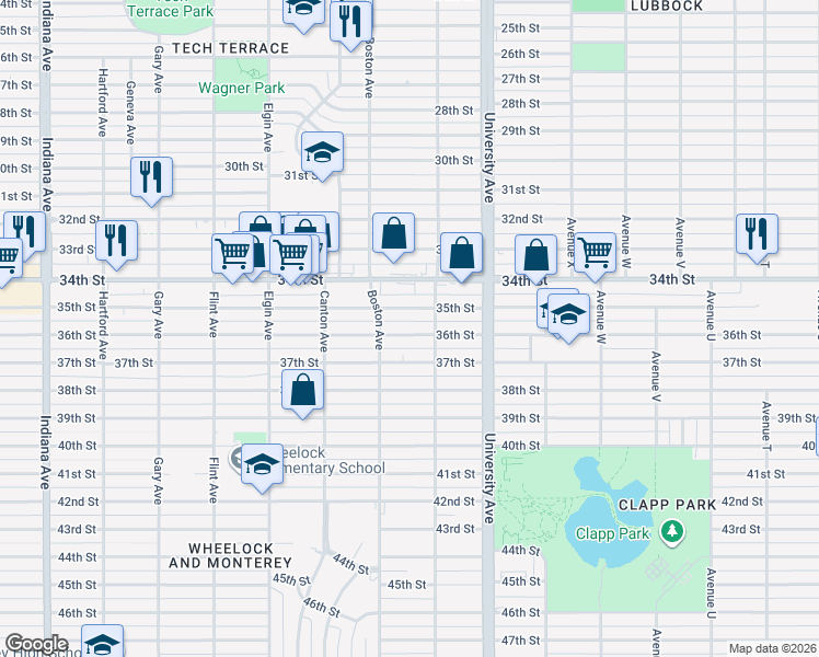 map of restaurants, bars, coffee shops, grocery stores, and more near 2613 37th Street in Lubbock