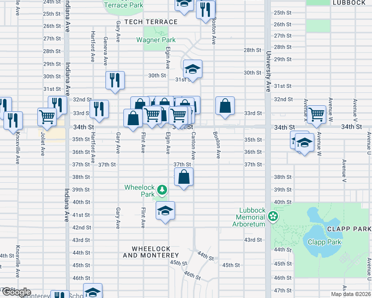 map of restaurants, bars, coffee shops, grocery stores, and more near 2802 37th Street in Lubbock