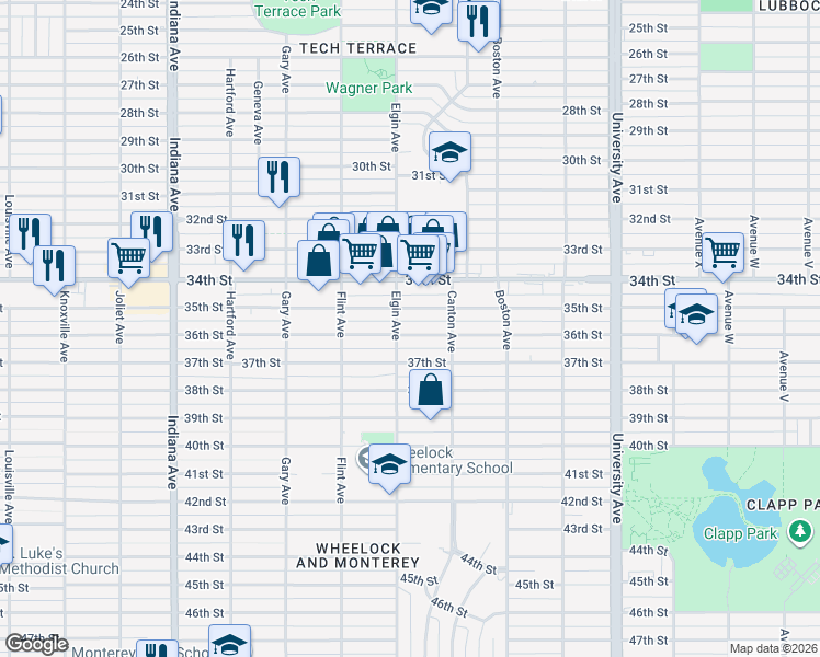 map of restaurants, bars, coffee shops, grocery stores, and more near 2816 37th Street in Lubbock