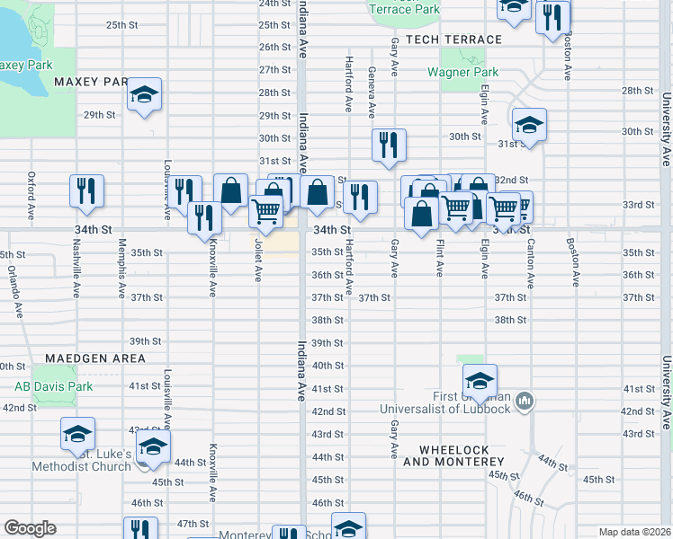 map of restaurants, bars, coffee shops, grocery stores, and more near 3304 37th Street in Lubbock