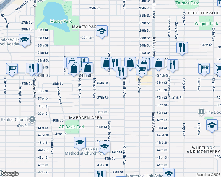 map of restaurants, bars, coffee shops, grocery stores, and more near 3612 37th Street in Lubbock