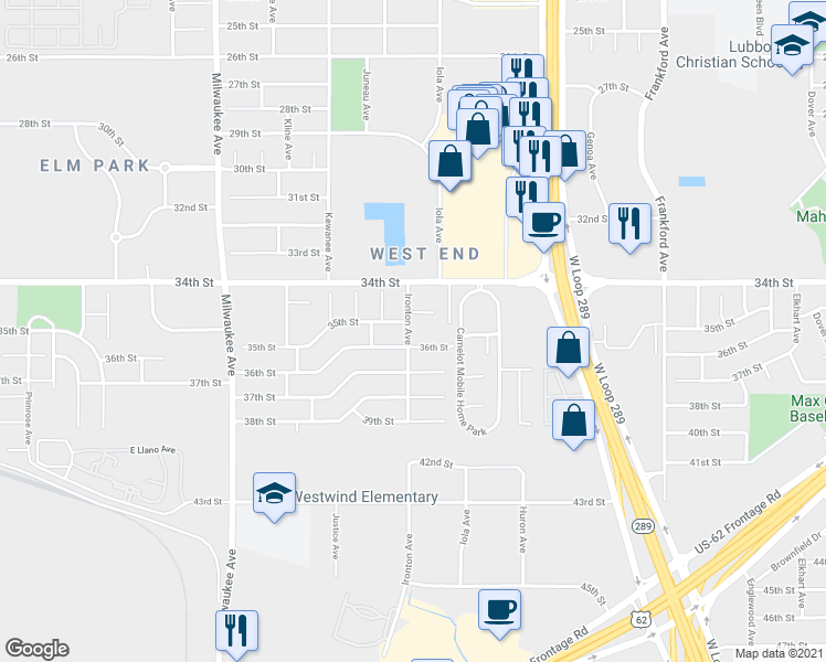 map of restaurants, bars, coffee shops, grocery stores, and more near 6109 36th Street in Lubbock