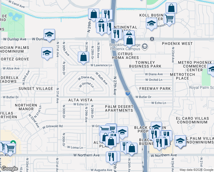 map of restaurants, bars, coffee shops, grocery stores, and more near 8515 North 27th Drive in Phoenix