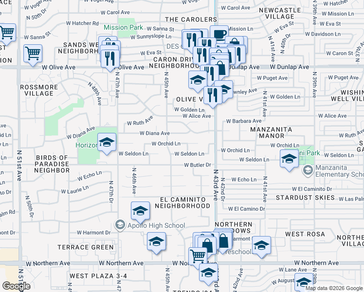 map of restaurants, bars, coffee shops, grocery stores, and more near 4419 West Seldon Lane in Glendale