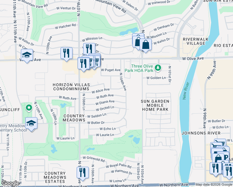 map of restaurants, bars, coffee shops, grocery stores, and more near 10416 West Diana Avenue in Peoria