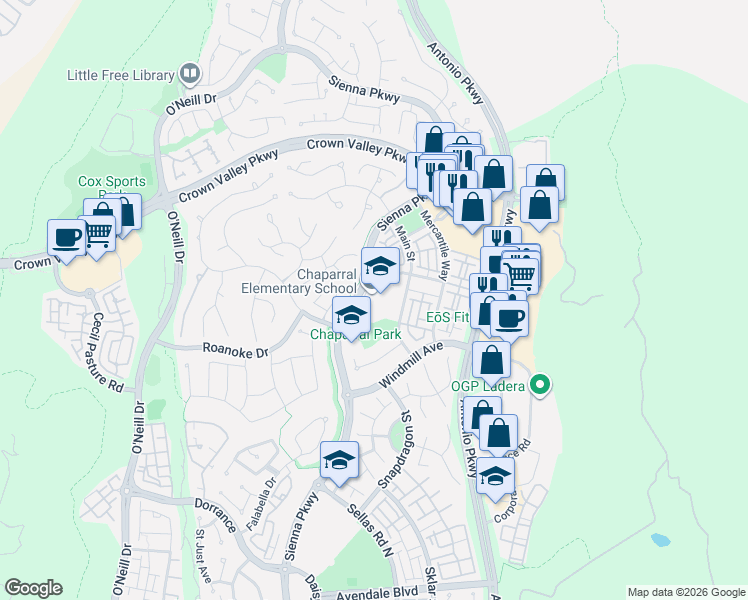 map of restaurants, bars, coffee shops, grocery stores, and more near 29001 Sienna Parkway in Ladera Ranch