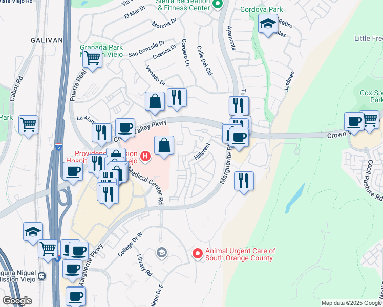 map of restaurants, bars, coffee shops, grocery stores, and more near 27001 Stonehaven in Mission Viejo