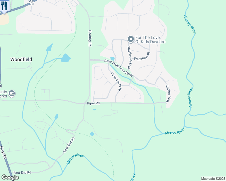 map of restaurants, bars, coffee shops, grocery stores, and more near 140 Goshawk Walk in Covington