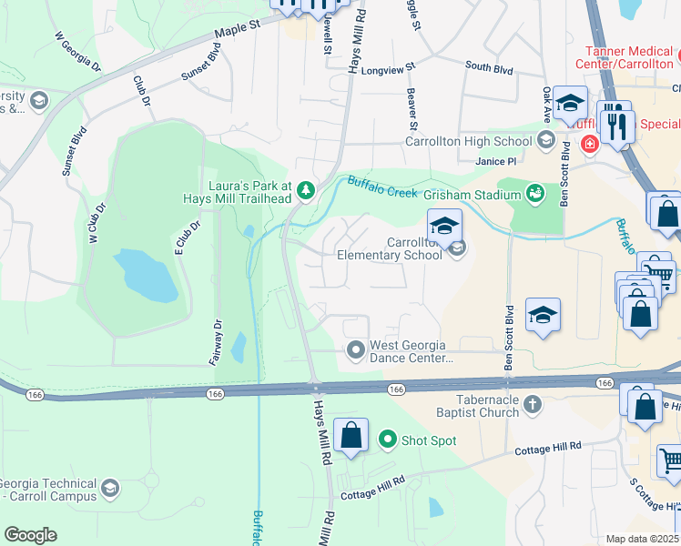 map of restaurants, bars, coffee shops, grocery stores, and more near 94 Old Mill Court in Carrollton
