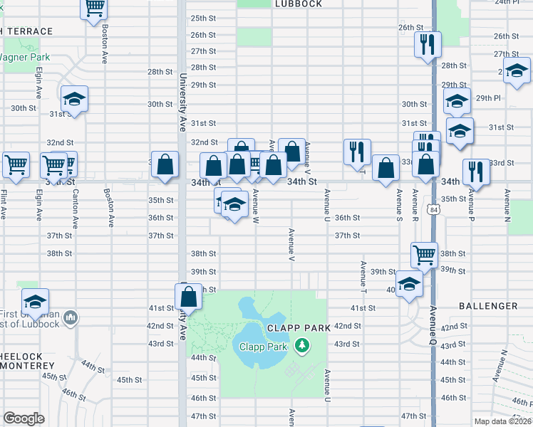 map of restaurants, bars, coffee shops, grocery stores, and more near 2216 36th Street in Lubbock
