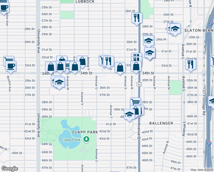 map of restaurants, bars, coffee shops, grocery stores, and more near 2010 37th Street in Lubbock