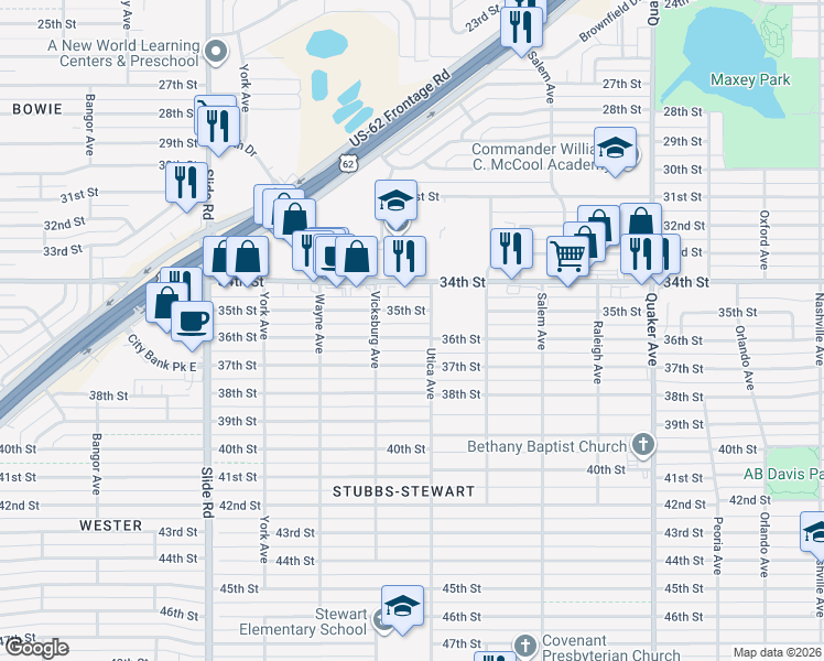 map of restaurants, bars, coffee shops, grocery stores, and more near 4808 36th Street in Lubbock