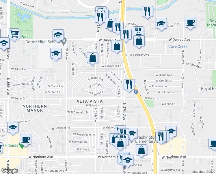 map of restaurants, bars, coffee shops, grocery stores, and more near 2823 West Diana Avenue in Phoenix