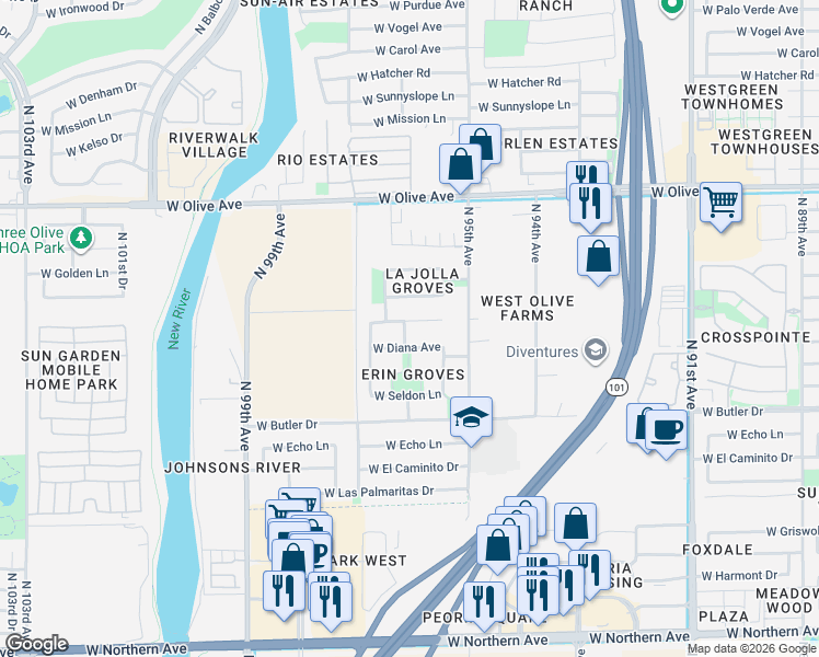 map of restaurants, bars, coffee shops, grocery stores, and more near 9581 West Diana Avenue in Peoria