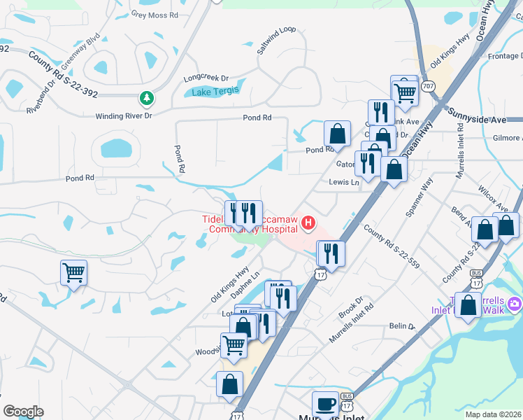 map of restaurants, bars, coffee shops, grocery stores, and more near 4412 Gold Flower Loop in Murrells Inlet