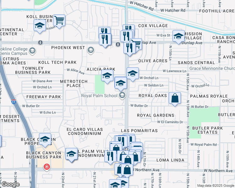 map of restaurants, bars, coffee shops, grocery stores, and more near 8520 North 19th Avenue in Phoenix