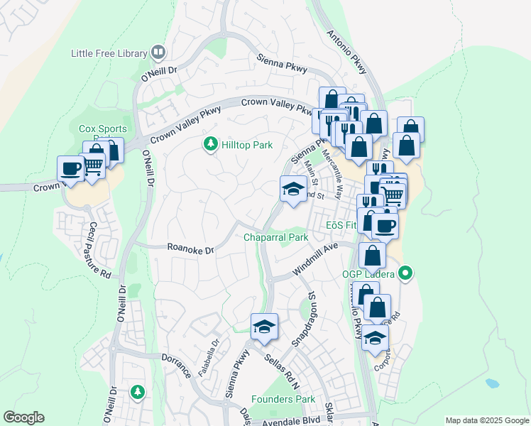 map of restaurants, bars, coffee shops, grocery stores, and more near 10 Pickering Circle in Ladera Ranch