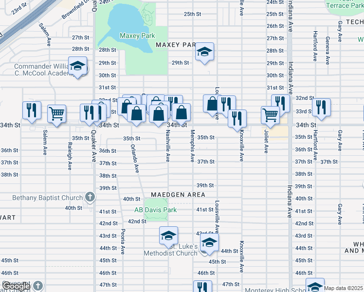 map of restaurants, bars, coffee shops, grocery stores, and more near 3808 36th Street in Lubbock