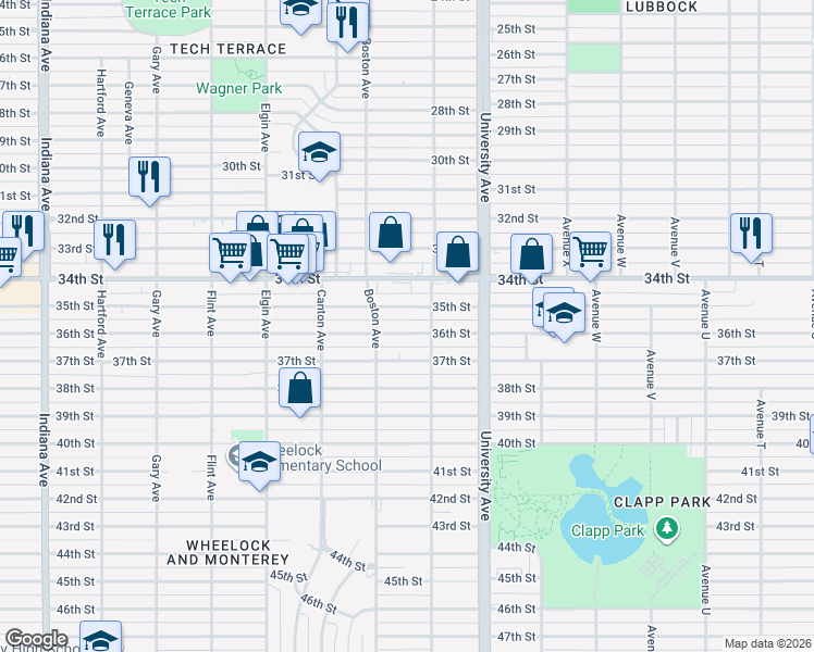 map of restaurants, bars, coffee shops, grocery stores, and more near 2613 37th Street in Lubbock