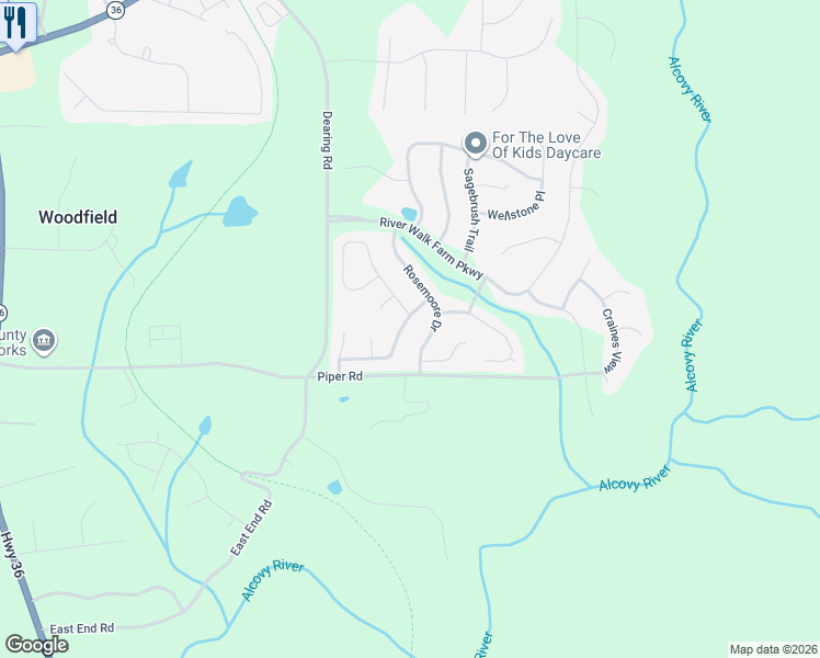 map of restaurants, bars, coffee shops, grocery stores, and more near 140 Goshawk Walk in Covington