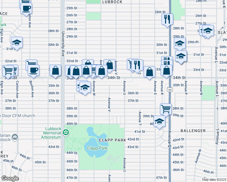 map of restaurants, bars, coffee shops, grocery stores, and more near 2115 36th Street in Lubbock