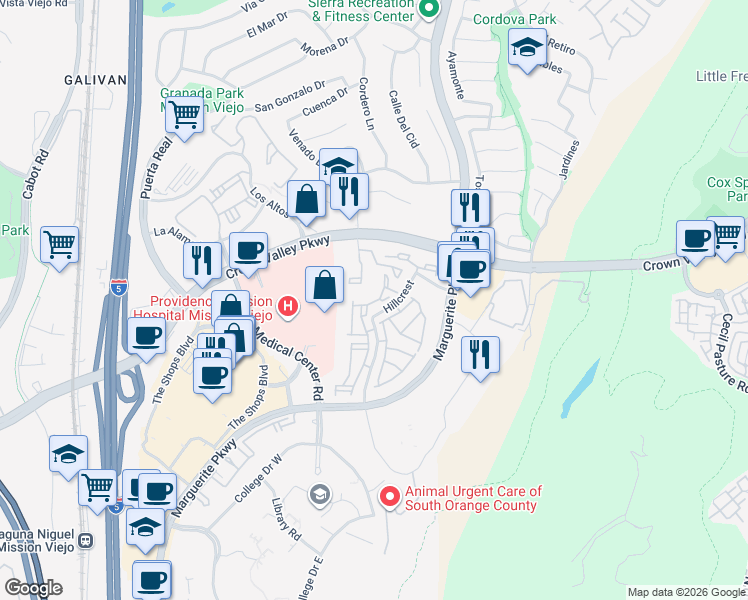 map of restaurants, bars, coffee shops, grocery stores, and more near 26926 Carnelian in Mission Viejo