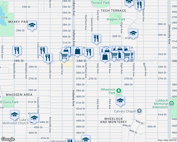 map of restaurants, bars, coffee shops, grocery stores, and more near 3216 36th Street in Lubbock