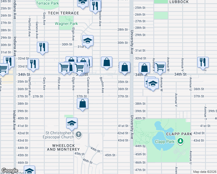 map of restaurants, bars, coffee shops, grocery stores, and more near 2614 36th Street in Lubbock
