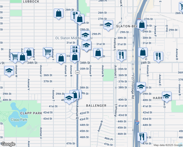 map of restaurants, bars, coffee shops, grocery stores, and more near 1520 36th Street in Lubbock