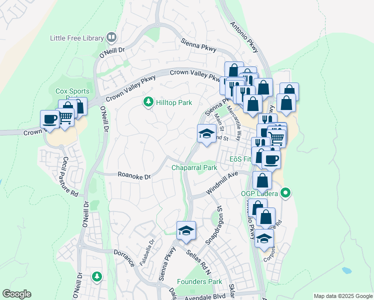 map of restaurants, bars, coffee shops, grocery stores, and more near 10 Pickering Circle in Ladera Ranch