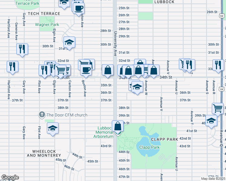 map of restaurants, bars, coffee shops, grocery stores, and more near 2504 36th Street in Lubbock