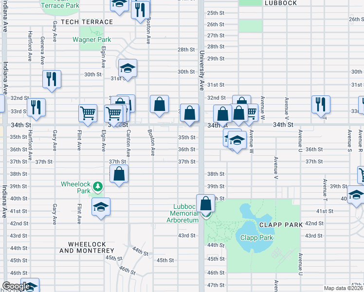 map of restaurants, bars, coffee shops, grocery stores, and more near 2520 37th Street in Lubbock