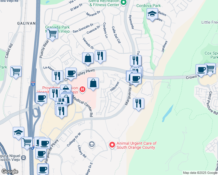 map of restaurants, bars, coffee shops, grocery stores, and more near in Mission Viejo