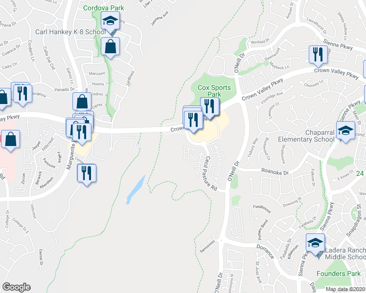 map of restaurants, bars, coffee shops, grocery stores, and more near 19 Garrison Loop in Ladera Ranch