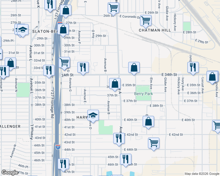 map of restaurants, bars, coffee shops, grocery stores, and more near 306 East 37th Street in Lubbock